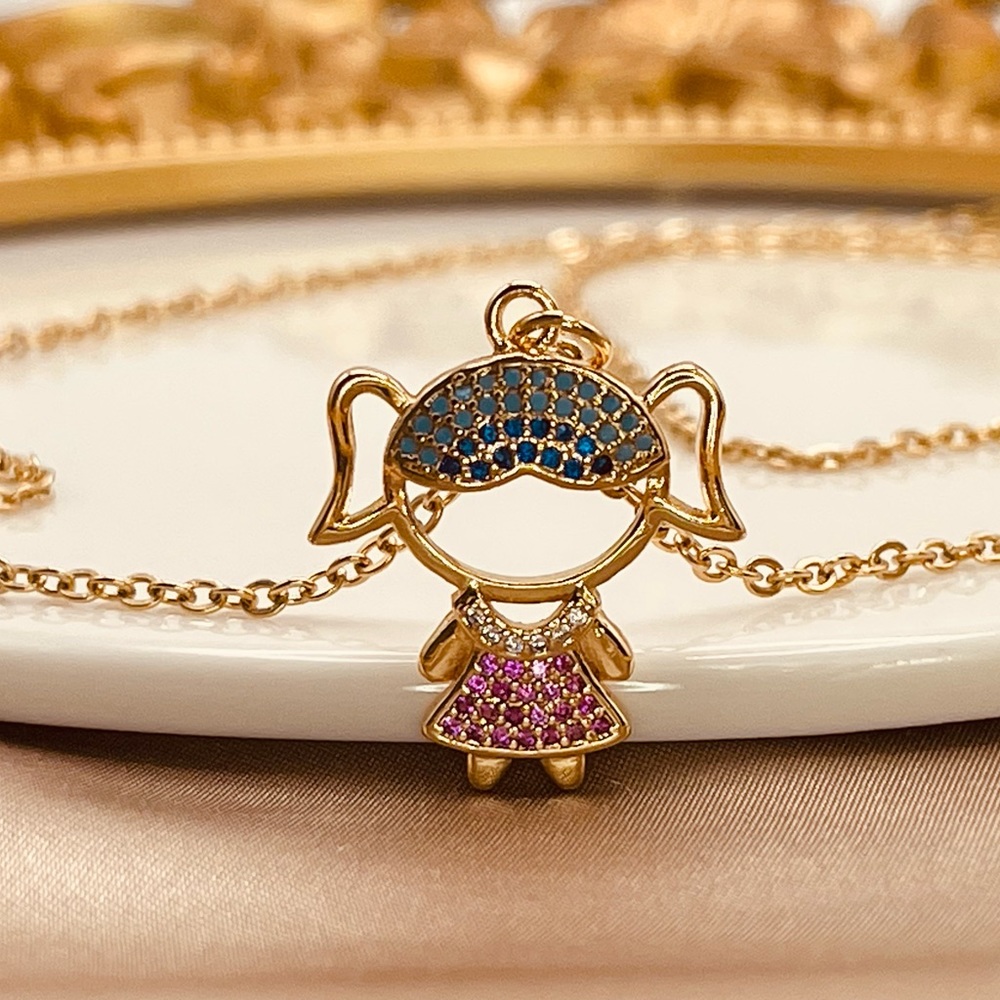 18K Gold-Titanium Pave CZ Girl Charm Dainty Chain Necklace Mother’s Day Gift